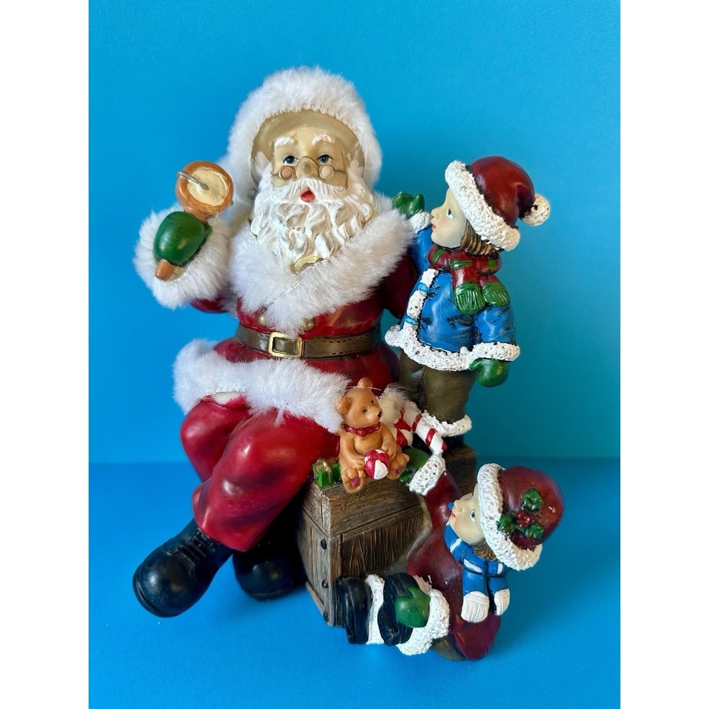 Vintage Santa Figurine Girls Bear Gift Box Christmas